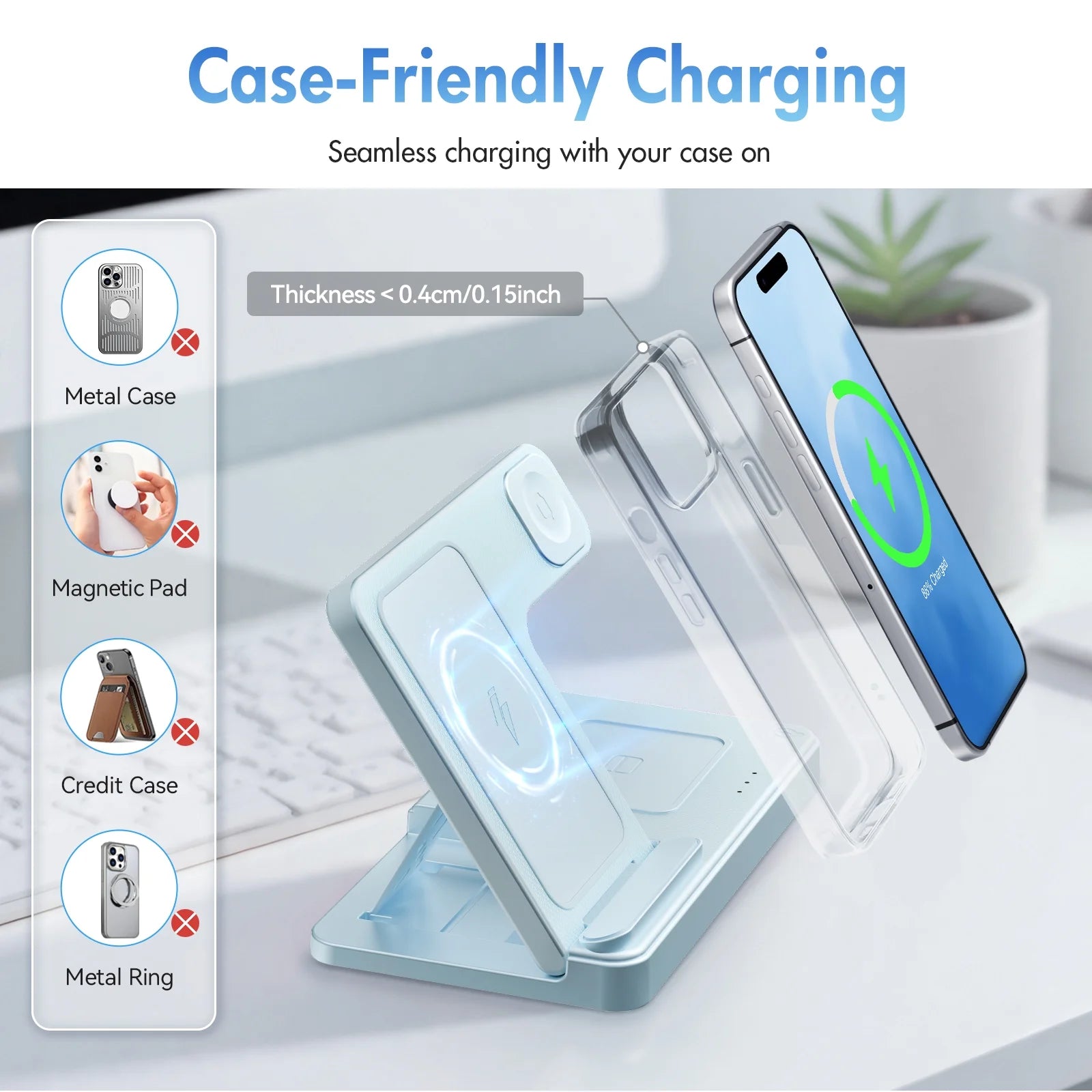 3 in 1 Charging Station,Wireless Charger,Magnetic Charging Stand Compatible with Iphone 17 16 15 14 13 12 11 Pro Max plus XS XR X 8,For Iwatch 9 8 7 6 5 4 3 2 Se,For Airpods 3 2 Pro,Blue