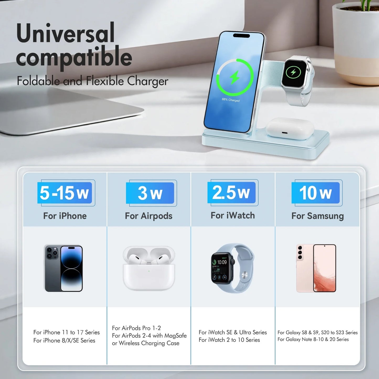 3 in 1 Charging Station,Wireless Charger,Magnetic Charging Stand Compatible with Iphone 17 16 15 14 13 12 11 Pro Max plus XS XR X 8,For Iwatch 9 8 7 6 5 4 3 2 Se,For Airpods 3 2 Pro,Blue