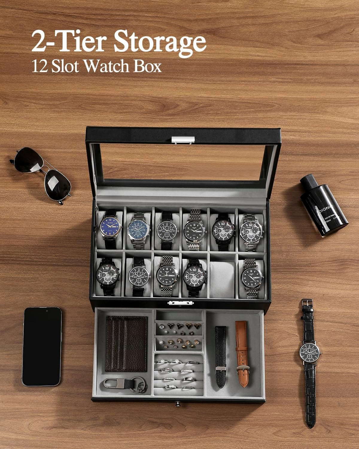 Caja Para Relojes Con 12 Ranuras, Organizador De Exhibición De Relojes, Estuche