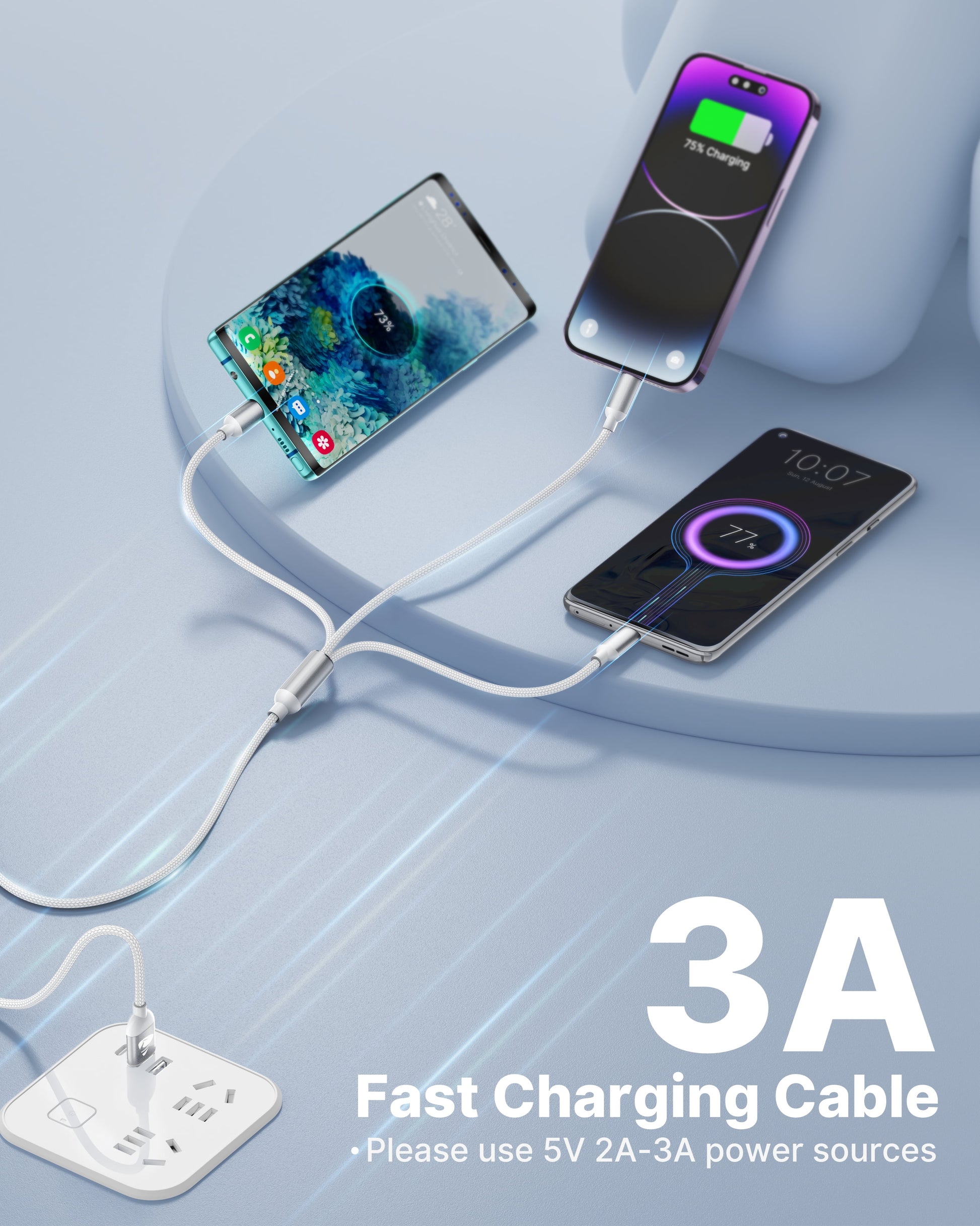 Multi Charging Cable, 3 in 1 Multi Charger Cord, USB Cable with USB-C, Micro USB and Compatible with Iphone/Ipad/Samsung (2Pack White)