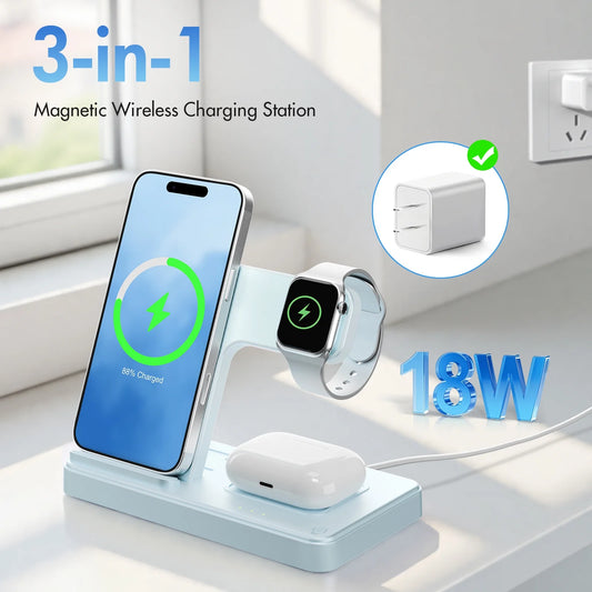 3 in 1 Charging Station,Wireless Charger,Magnetic Charging Stand Compatible with Iphone 17 16 15 14 13 12 11 Pro Max plus XS XR X 8,For Iwatch 9 8 7 6 5 4 3 2 Se,For Airpods 3 2 Pro,Blue