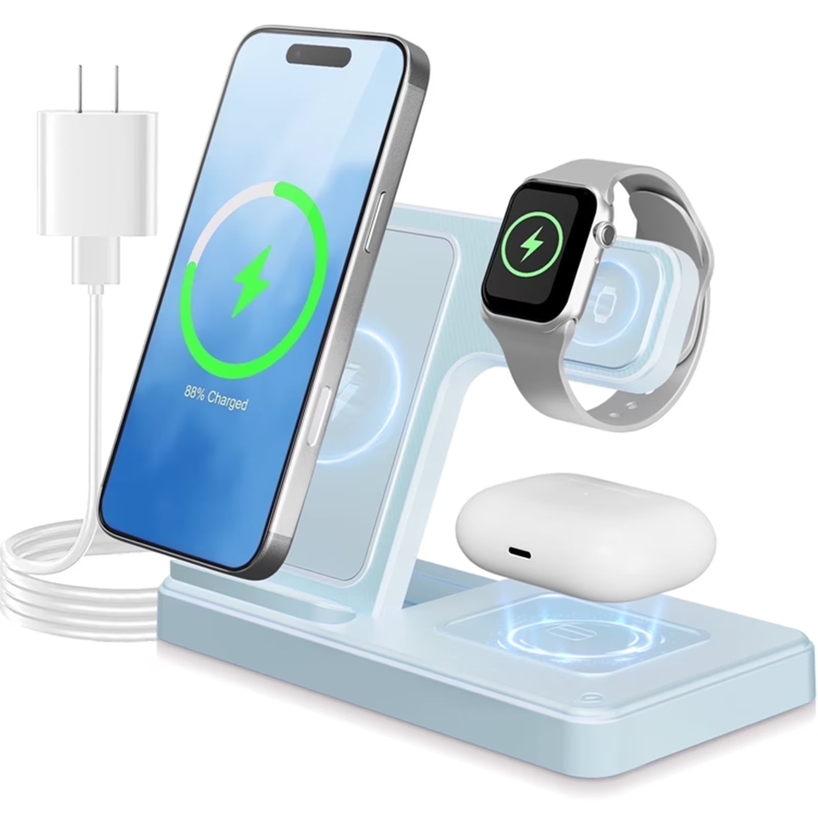 3 in 1 Charging Station,Wireless Charger,Magnetic Charging Stand Compatible with Iphone 17 16 15 14 13 12 11 Pro Max plus XS XR X 8,For Iwatch 9 8 7 6 5 4 3 2 Se,For Airpods 3 2 Pro,Blue