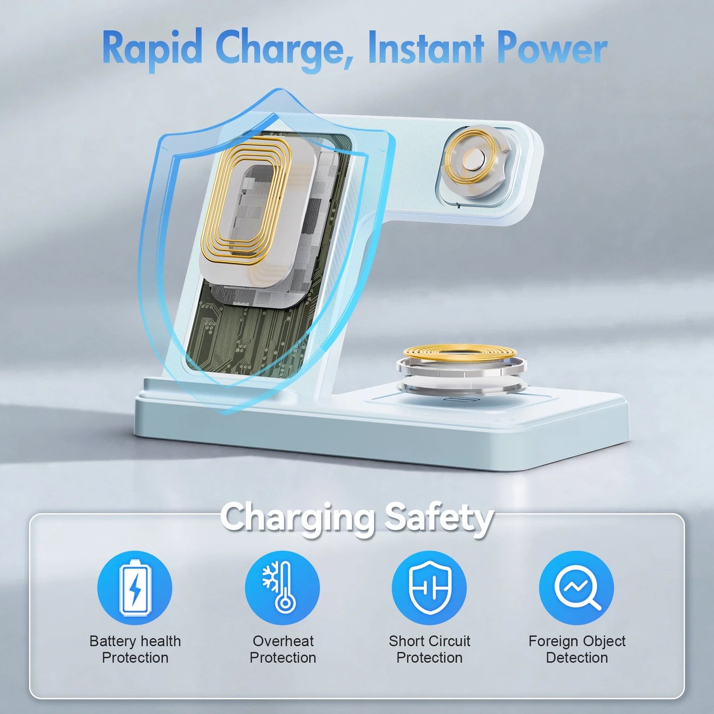 3 in 1 Charging Station,Wireless Charger,Magnetic Charging Stand Compatible with Iphone 17 16 15 14 13 12 11 Pro Max plus XS XR X 8,For Iwatch 9 8 7 6 5 4 3 2 Se,For Airpods 3 2 Pro,Blue