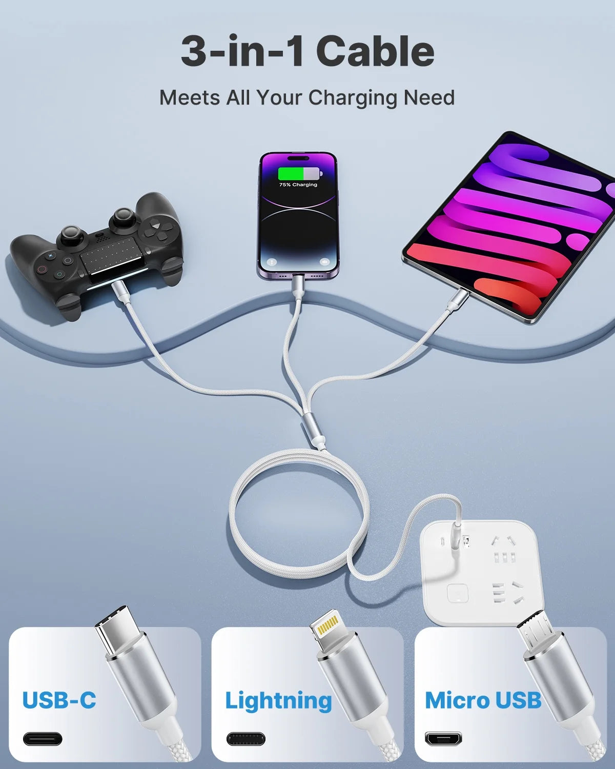 Multi Charging Cable, 3 in 1 Multi Charger Cord, USB Cable with USB-C, Micro USB and Compatible with Iphone/Ipad/Samsung (2Pack White)