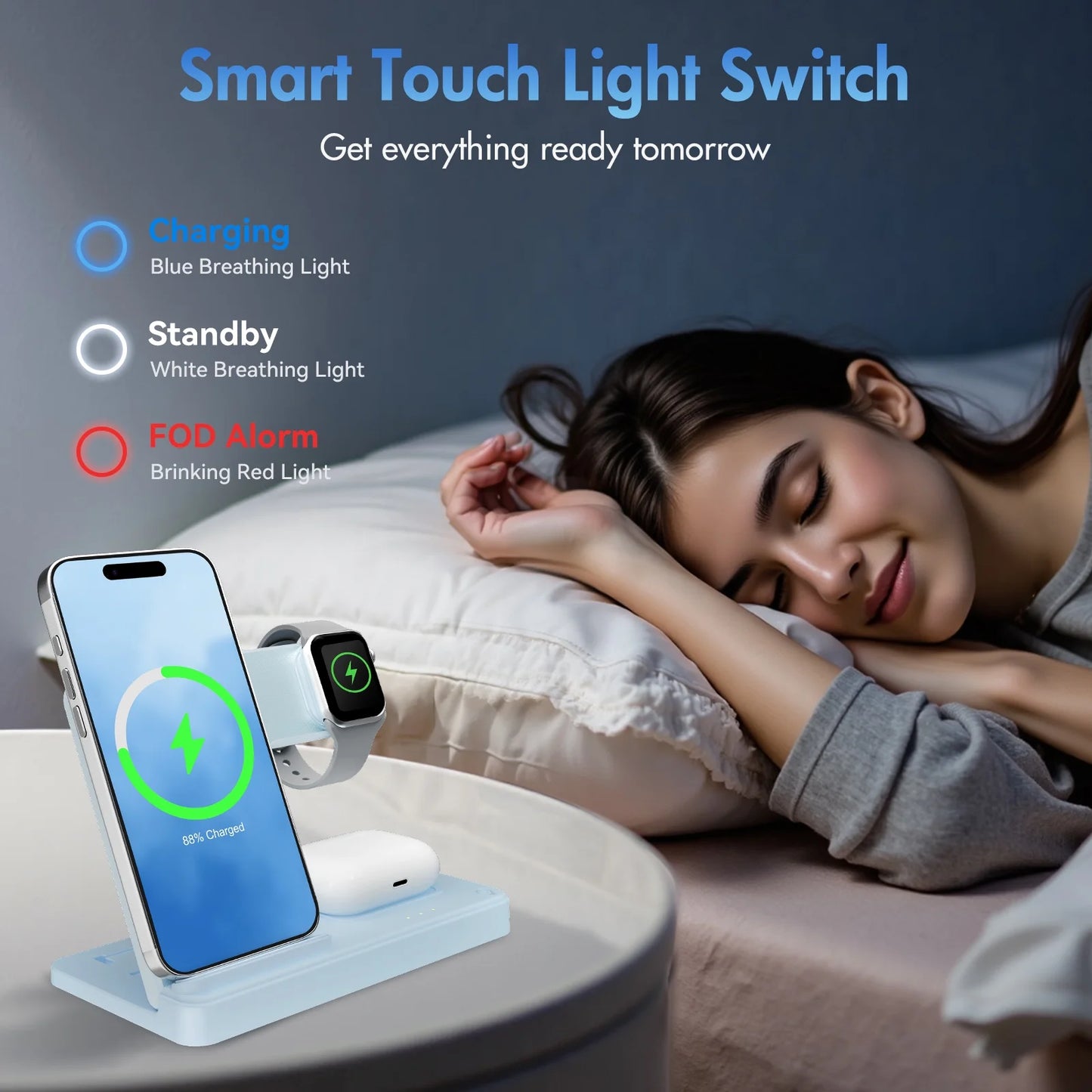 3 in 1 Charging Station,Wireless Charger,Magnetic Charging Stand Compatible with Iphone 17 16 15 14 13 12 11 Pro Max plus XS XR X 8,For Iwatch 9 8 7 6 5 4 3 2 Se,For Airpods 3 2 Pro,Blue