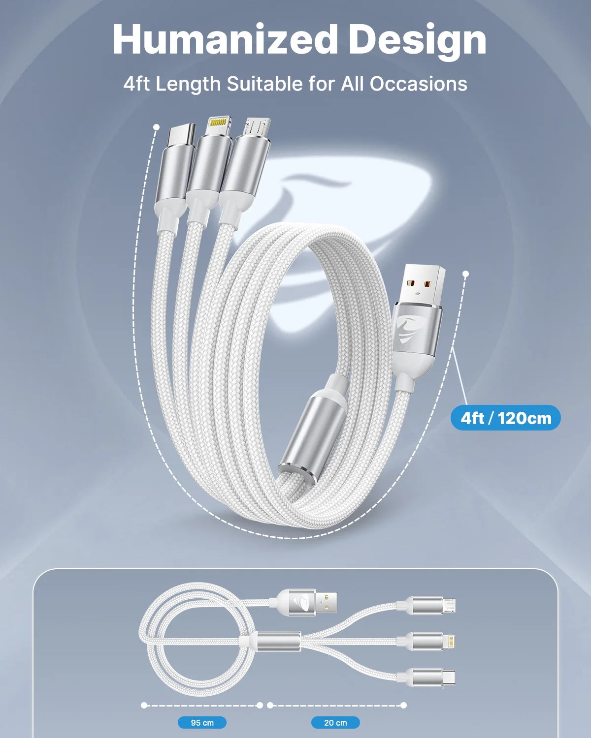 Multi Charging Cable, 3 in 1 Multi Charger Cord, USB Cable with USB-C, Micro USB and Compatible with Iphone/Ipad/Samsung (2Pack White)