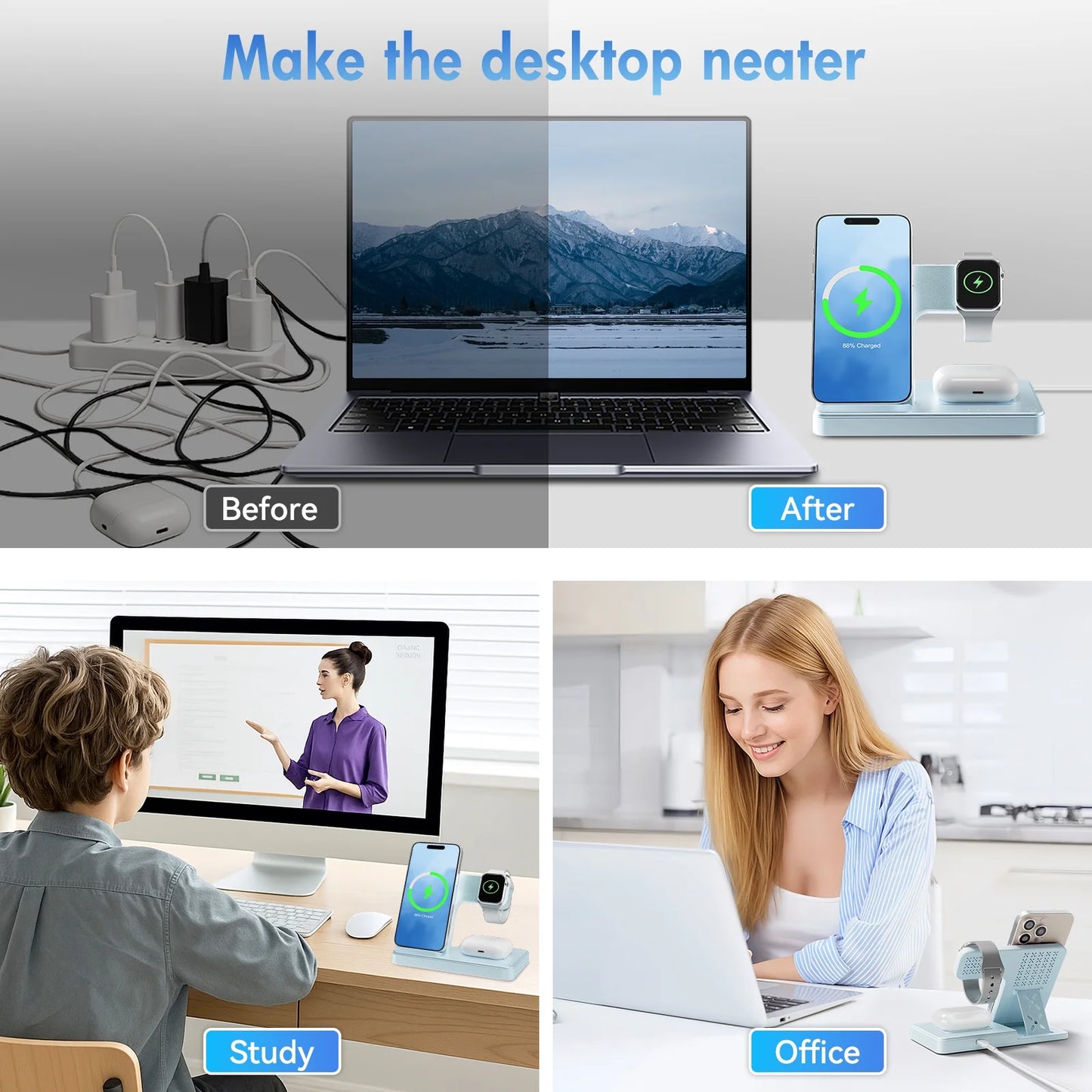 3 in 1 Charging Station,Wireless Charger,Magnetic Charging Stand Compatible with Iphone 17 16 15 14 13 12 11 Pro Max plus XS XR X 8,For Iwatch 9 8 7 6 5 4 3 2 Se,For Airpods 3 2 Pro,Blue