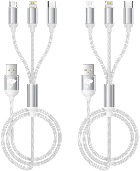 Multi Charging Cable, 3 in 1 Multi Charger Cord, USB Cable with USB-C, Micro USB and Compatible with Iphone/Ipad/Samsung (2Pack White)